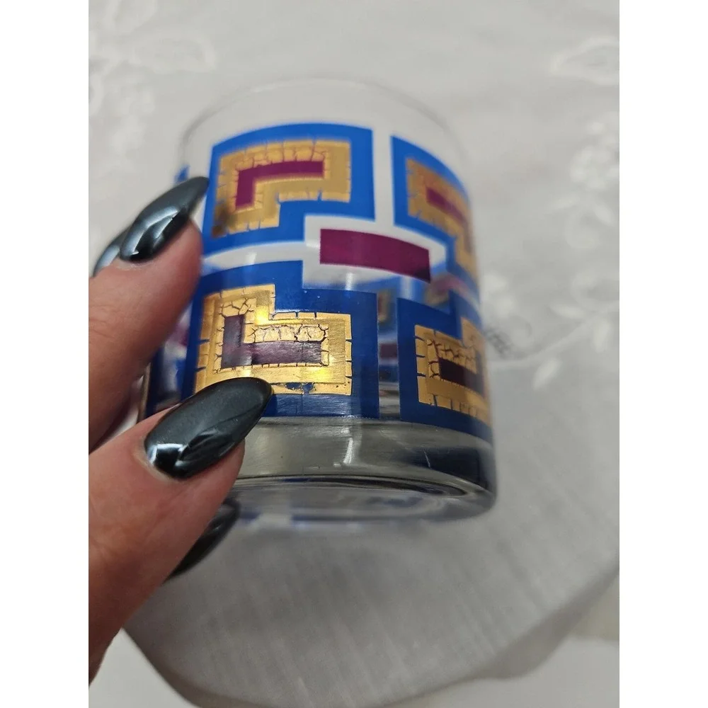 Vintage Berta MCM Rocks Glass Blue Purple Gold Greek Key‎ Geometric Barware